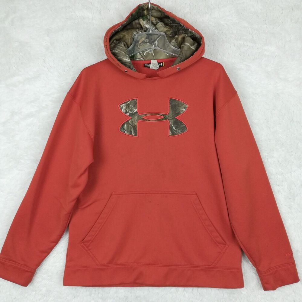 Under Armour Mens Hoodie Sweatshirt Orange Camouflage Kangaroo Pocket Loose M‎